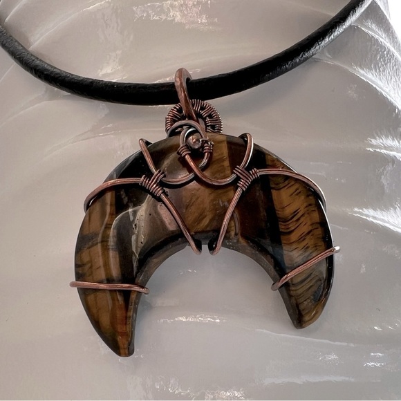 Artisan Jewelry - Artisan Copper Wire Wrapped Crescent Moon Tigers Eye Cabochon Necklace